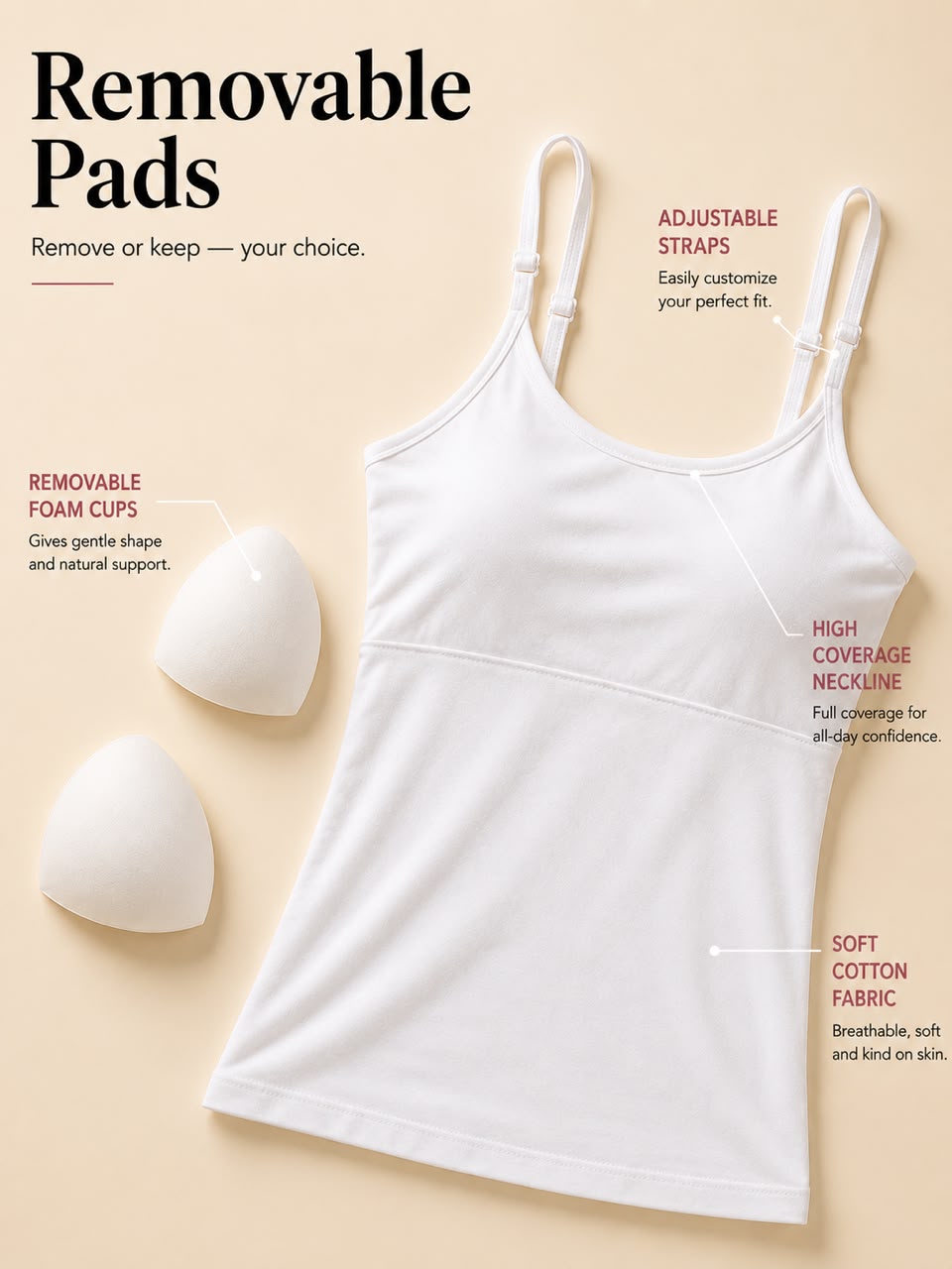 Pack of 3 | Cup Padded Cotton Camisole Bra in High Coverage with Adjustable Straps - Grey, White & Black | Dchica Essentials