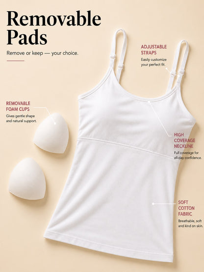 Pack of 3 | Cup Padded Cotton Camisole Bra in High Coverage with Adjustable Straps - Grey, White & Black | Dchica Essentials