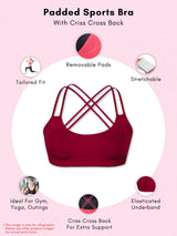 Criss Cross Back Cotton Sports Bra For Women | Removable Pads | Elasticated Underband | Good Support | Full Coverage Bra Pack Of 1 | Maroon Workout Bra