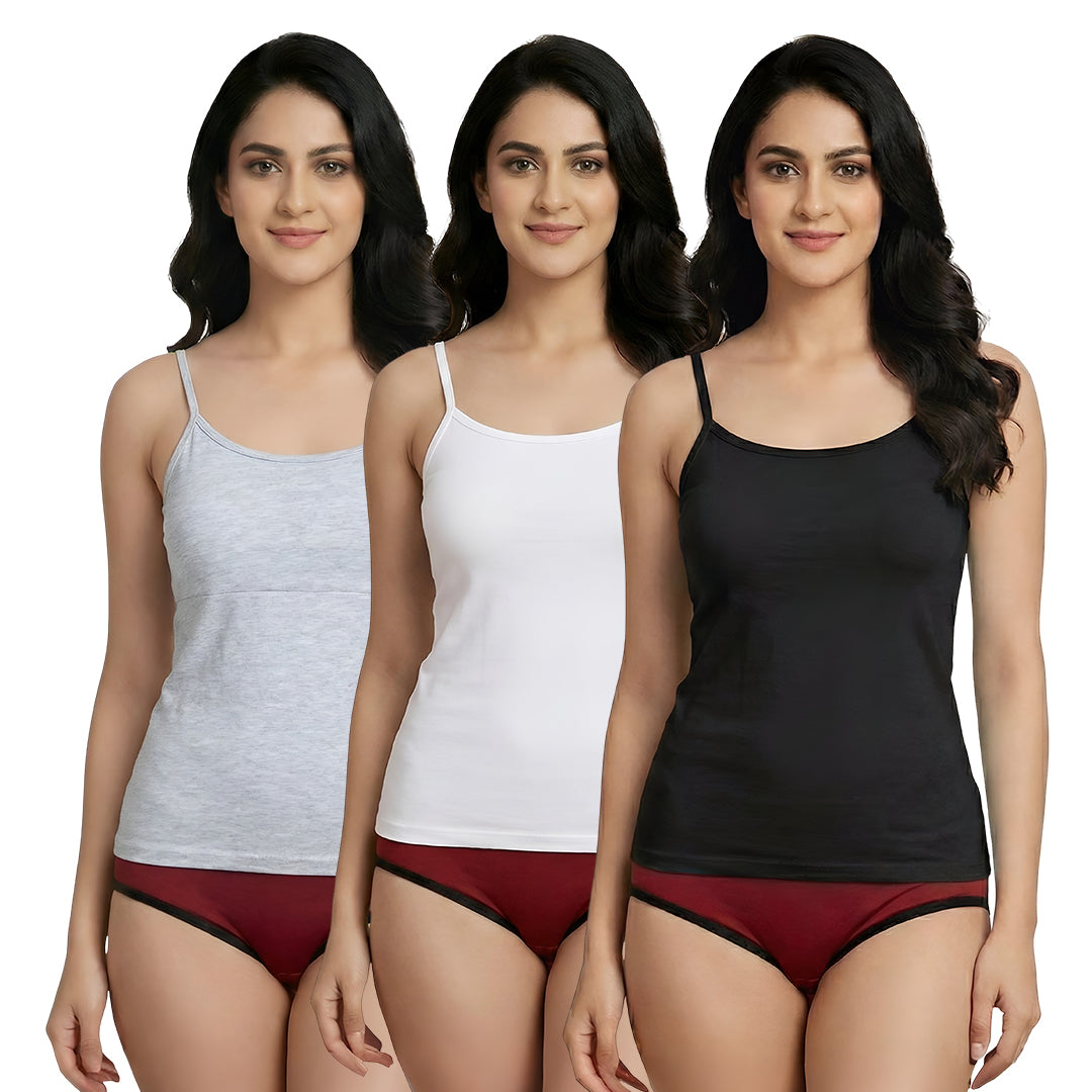 D'CHICA Essentials Cup Padded Cotton Camisole Bra in High Coverage with Adjustable Straps - Grey, White & Black Pack-of-three