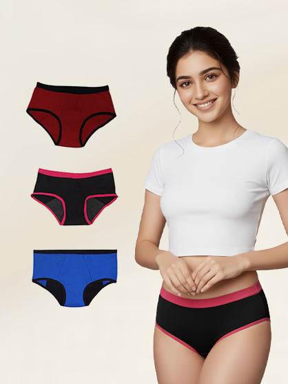 D'CHICA Essentials Assorted Colour Period Panties | No Pad Needed | Rash Free | Leakproof | Reusable | Pack of Three