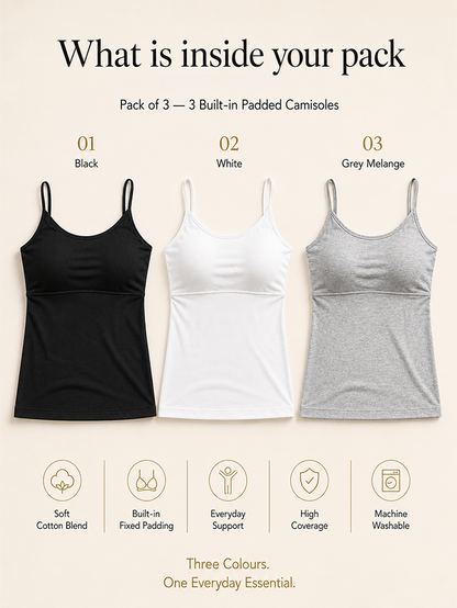 Pack of 3 | High Coverage | Cotton Comfort | Foam Padded | Adjustable Strap | Solid | For Women | D'CHICA Essentials | Camisole Bra – | Dchica Essentials