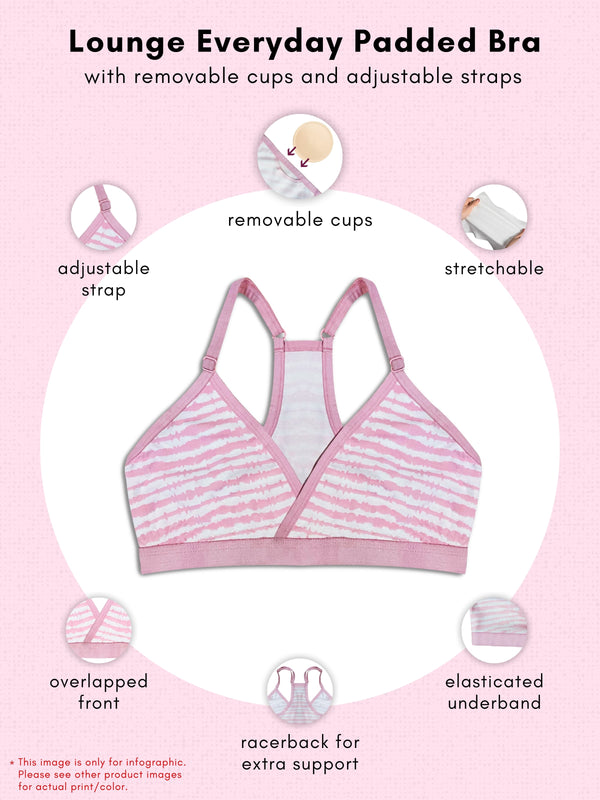 Lounge Everyday Padded Bra with Removable Cups & Adjustable Straps | Pack of 1 Printed Pink Bra