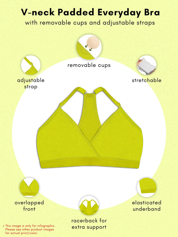 V-Neck Padded Everyday Bra with Removable Cups & Adjustable Straps | Pack of 1 Neon Green Bra