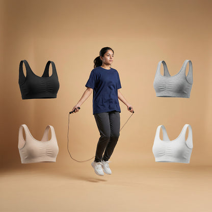 Pack of 4 | Broad Strap | Cotton Comfort | Removable Pads | Elasticated Underband | Good Support | Full Coverage | Multicolour | D'CHICA Essentials | Gym Bra – | Dchica Essentials