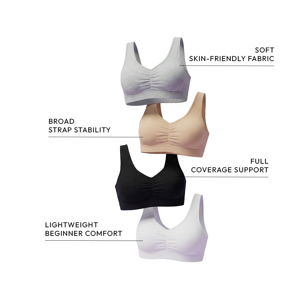 Pack of 4 | Broad Strap | Cotton Comfort | Removable Pads | Elasticated Underband | Good Support | Full Coverage | Multicolour | D'CHICA Essentials | Gym Bra – | Dchica Essentials