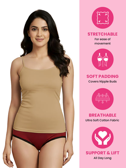 D'CHICA Essentials Cup Padded Cotton Camisole Bra in High Coverage with Adjustable Straps - Grey, White & Black Pack-of-three