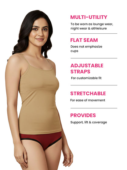 D'CHICA Essentials Cup Padded Cotton Camisole Bra in High Coverage with Adjustable Straps - Grey, White & Black Pack-of-three