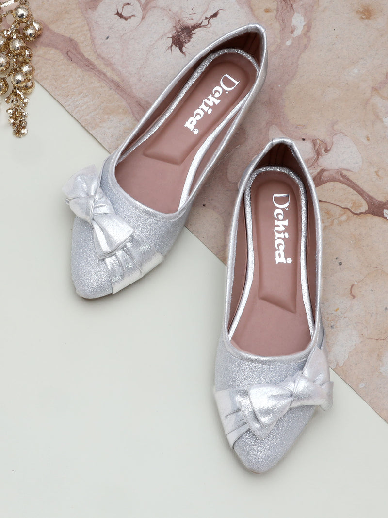 D'chica Glittery Silver Side Bow Applique Ballerinas - D'chica