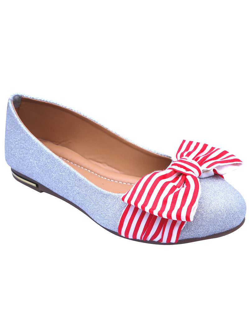 D'chica Sliver Partywear Ballerinas For Girls With Red Striped Bow