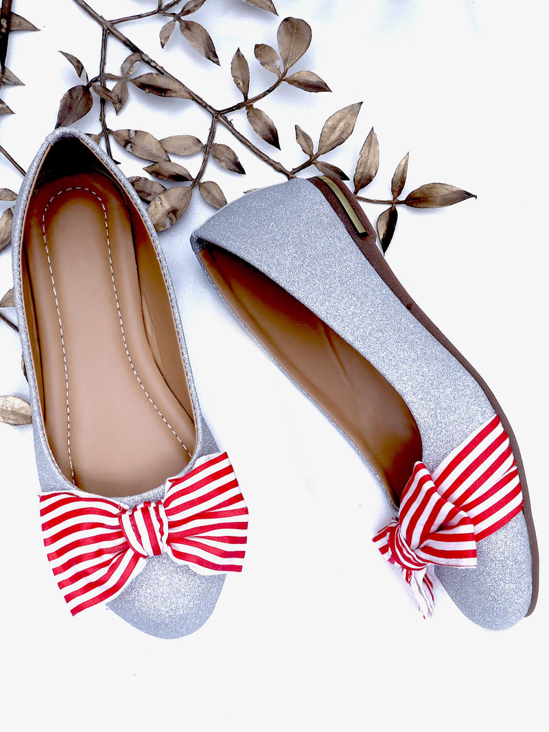 D'chica Sliver Partywear Ballerinas For Girls With Red Striped Bow - D'chica