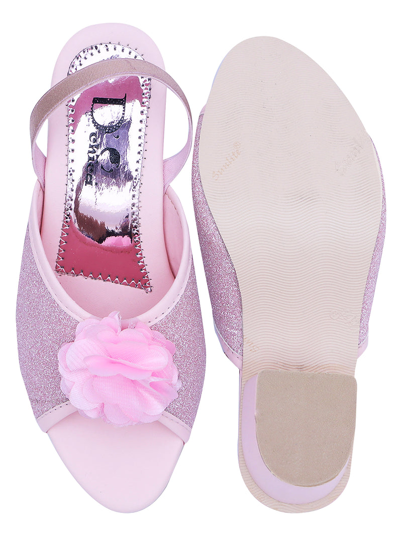 D'chica Pink Shimmery Heels With Flower Motif