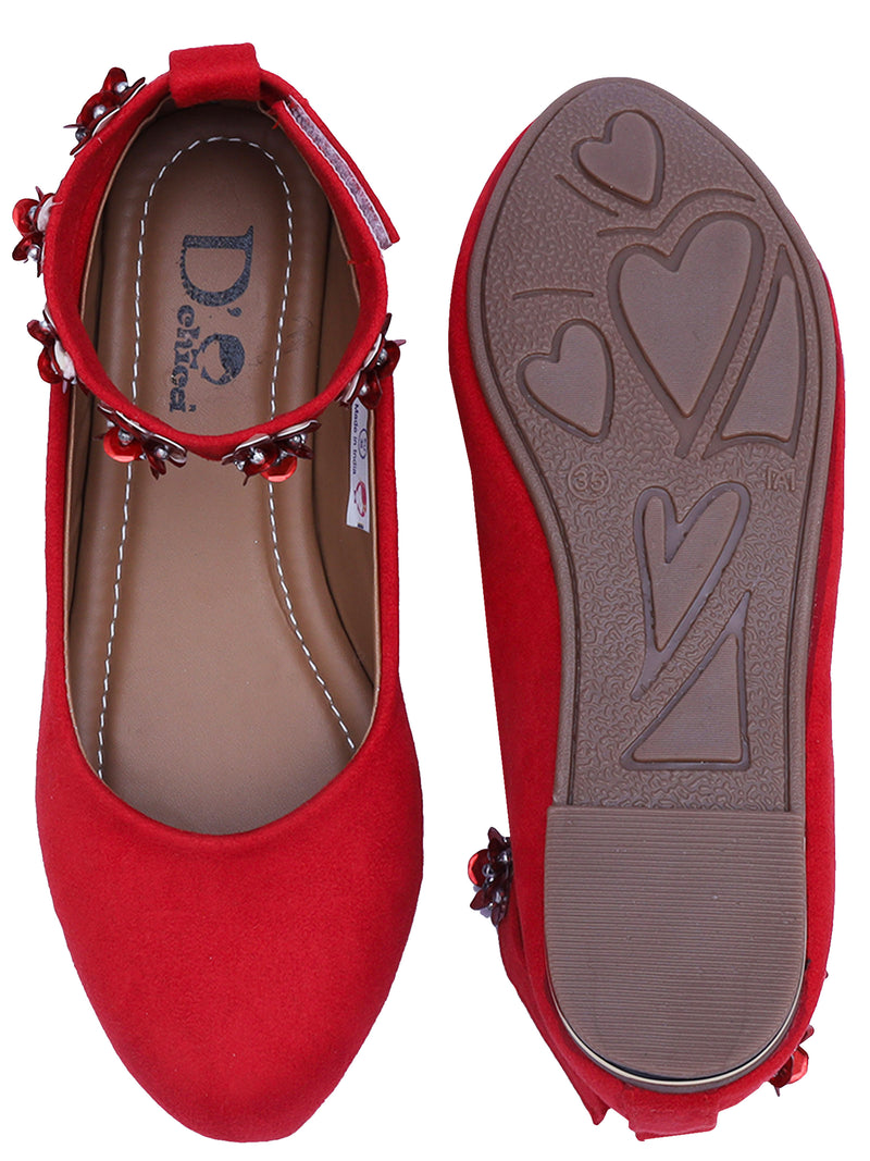 D'chica Red Ballerinas With Embellised Ankle Strap