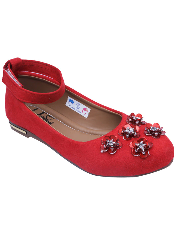 D'chica Red Ankle Strap Ballerinas With Flower Embellishment