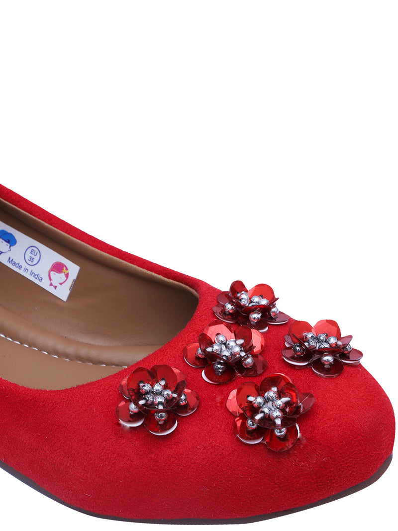 D'chica Red Ankle Strap Ballerinas With Flower Embellishment - D'chica