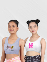 D'chica Pack of 2 Non-Wired, Non Padded Beginner Bras For Girls Melange and White Love & Peace Theme - D'chica