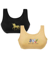 D'chica Pack of 2 Non-Wired, Non Padded Beginner Bras For Girls Black & Skin Color Peace & Unicorn Themed - D'chica