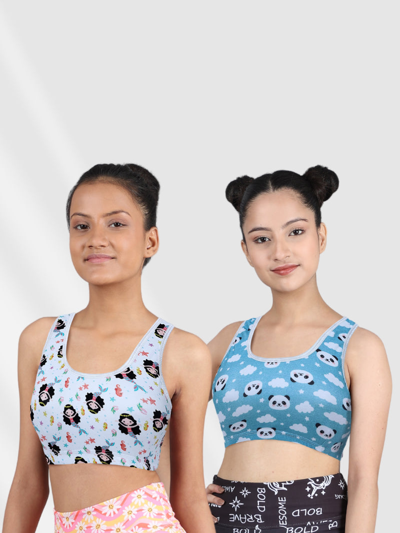 Double-layer Broad Strap Cotton Sports Bras For Girls | Non Padded Beginner  Bra | Pack of 2 Printed Bra