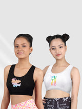 Double-layer Broad Strap Cotton Sports Bras For Girls | Non Padded Beginner Bra | Pack of 2 Printed Bra