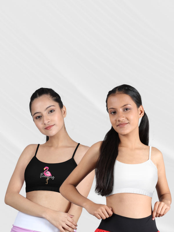 D'chica Pack of 2 Beginners Bra Non Padded Non Wired Flamingo Print Black and White