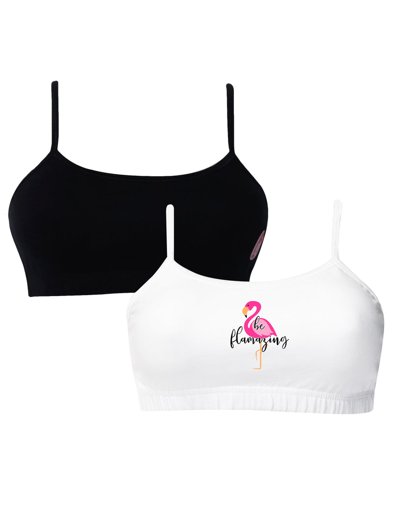 Double-layer Thin Strap Cotton Yoga Bras | Non Padded Beginner Bra For Girls | Printed White & Solid Black Bra Pack of 2