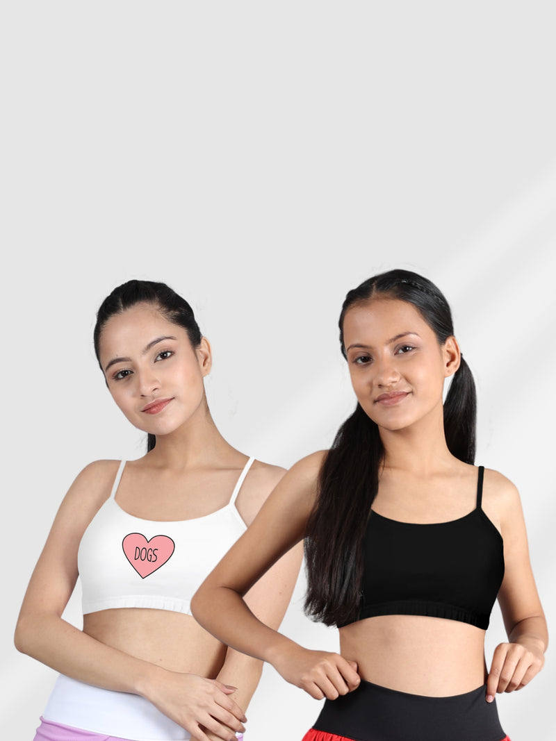 D'chica Pack of 2 Beginners Bra Non Padded Non Wired Black & White Love Dogs Print