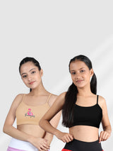 Double-layer Thin Strap Cotton Athletic Bras | Non Padded Beginner Bra For Girls | Printed Skin & Solid Black Bra Pack of 2