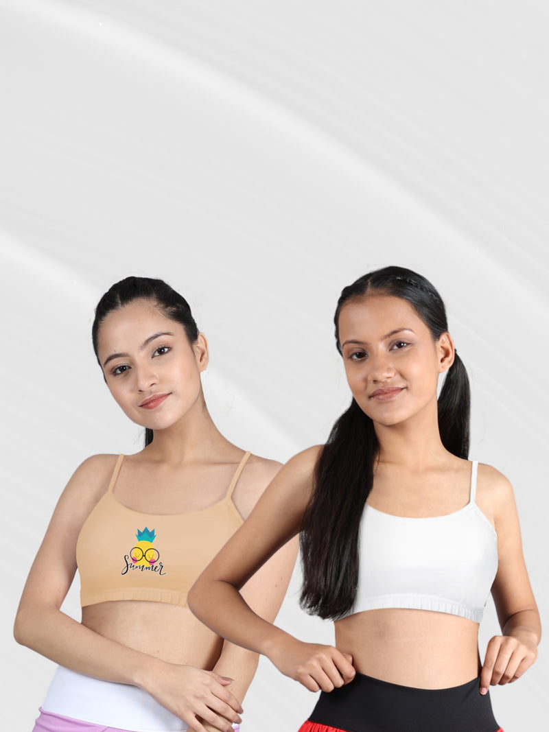 Double-layer Thin Strap Cotton Athletic Bras | Non Padded Beginner Bra For Girls | Printed Skin & Solid White Bra Pack of 2