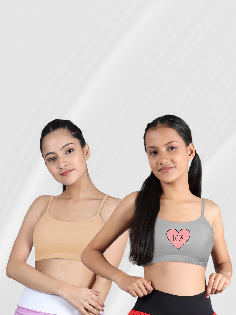 Double-layer Thin Strap Cotton Gym Bras | Non Padded Beginner Bra For Girls | Grey Printed & Solid Skin Bra Pack of 2