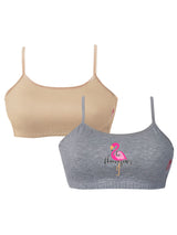Double-layer Thin Strap Cotton Sports Bras | Non Padded Beginner Bra For Girls | Grey Printed & Solid Skin Bra Pack of 2