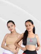 Double-layer Thin Strap Cotton Sports Bras | Non Padded Beginner Bra For Girls | Grey Printed & Solid Skin Bra Pack of 2