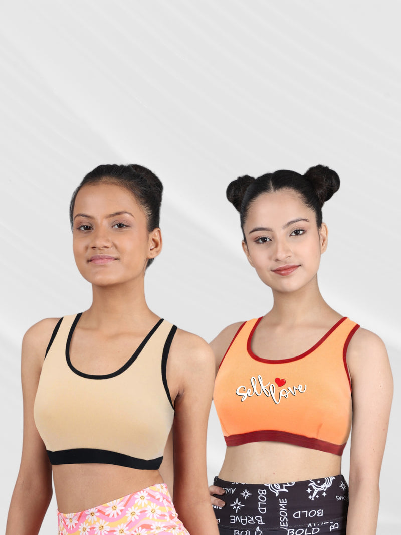 Single-layer Broad Strap Cotton Yoga Bra For Girls | Non Padded Beginner Bra | Solid & Printed Bra Pack of 2