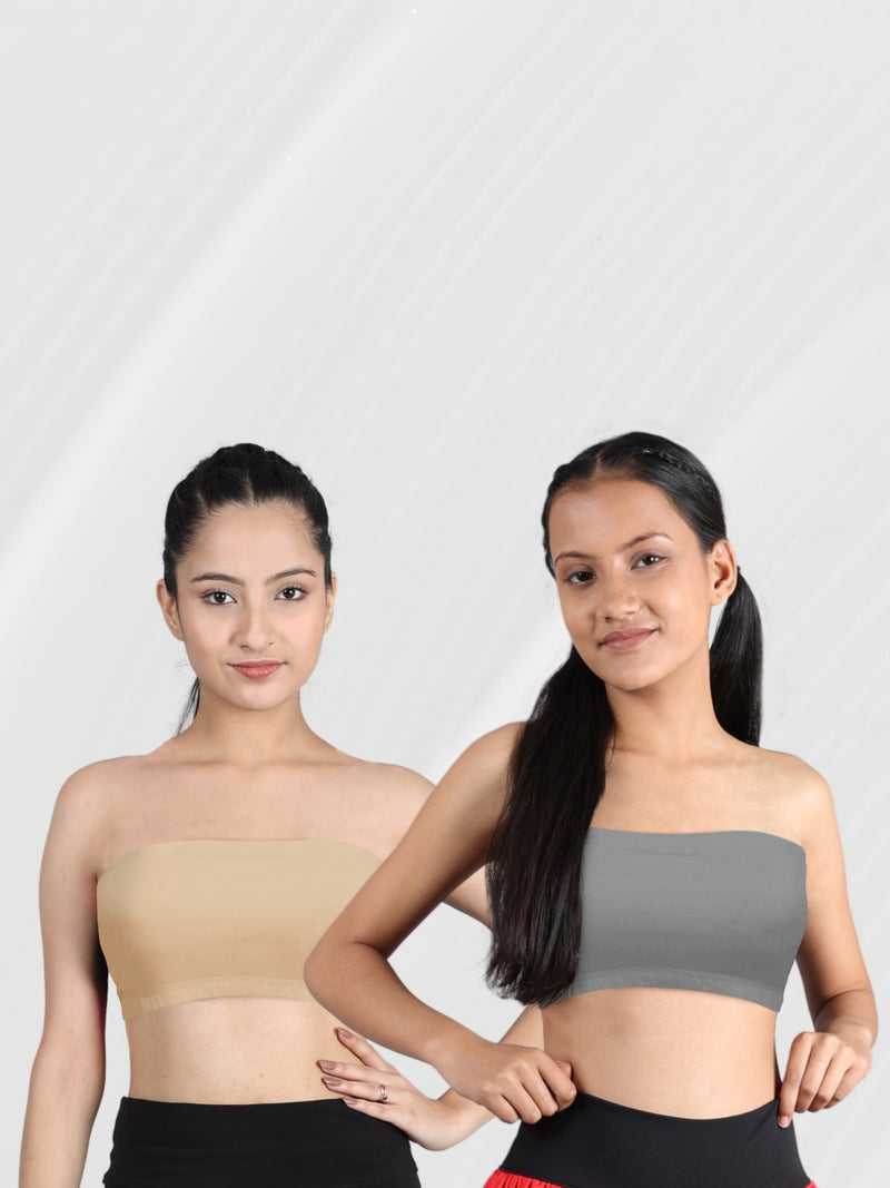 D'chica Set of 2 Tube Bralettes For Teenager Girls Grey  & Skin