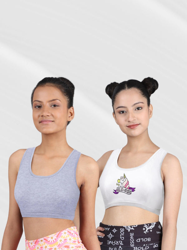 D'chica Girls Set Of 2 Non Wired Non Padded Beginner Bras White with Unicorn Patch & Melange/Grey - D'chica