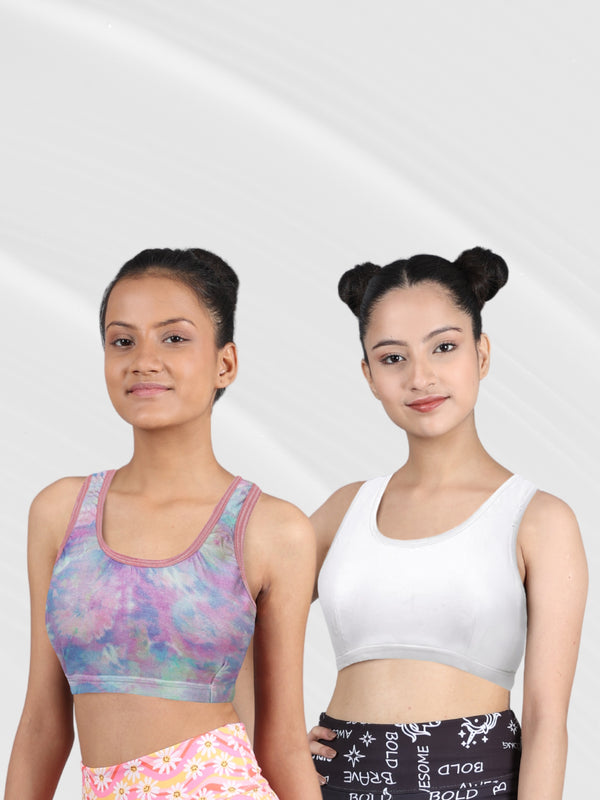 D'chica Pack of 2 Cotton Athleisure Sports Bra For Girls Grey and Skin