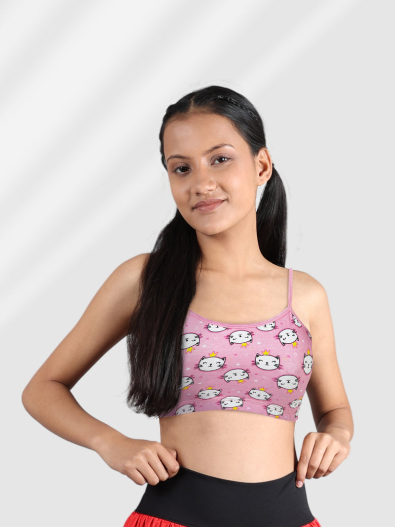 Cat Print Non Padded Non Wired  Beginner Bra Pink