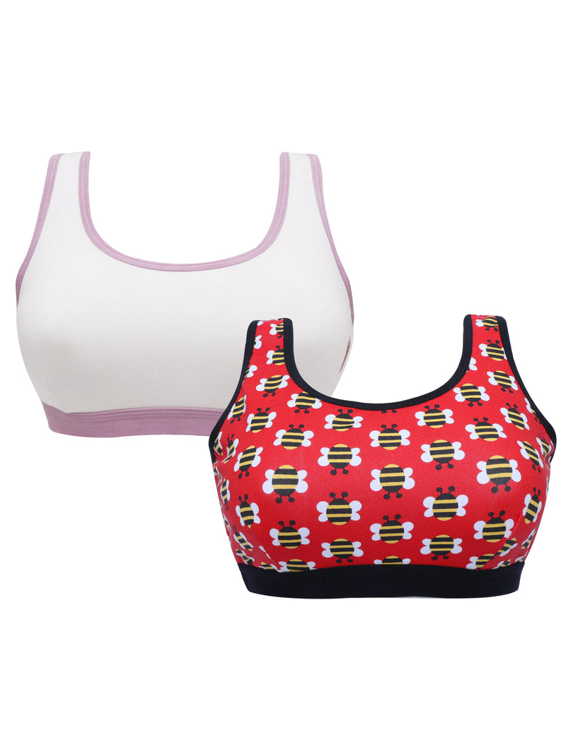 D'chica  Pack of 2  Red bee Print & White  Sports Bra For Girls