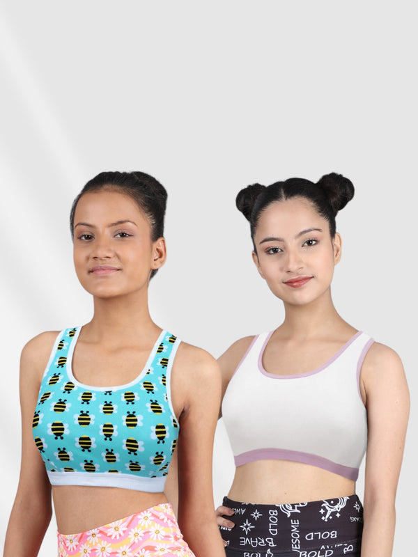 D'chica  Pack of 2  Blue bee Print & White  Sports Bra For Girls