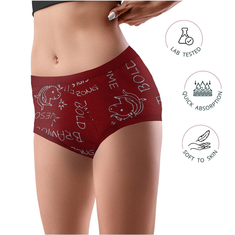 D'chica Maroon Unicorn Print Eco-Friendly Anti Microbial Lining Period Panties For Teenagers Maroon, No Pad Required - D'chica