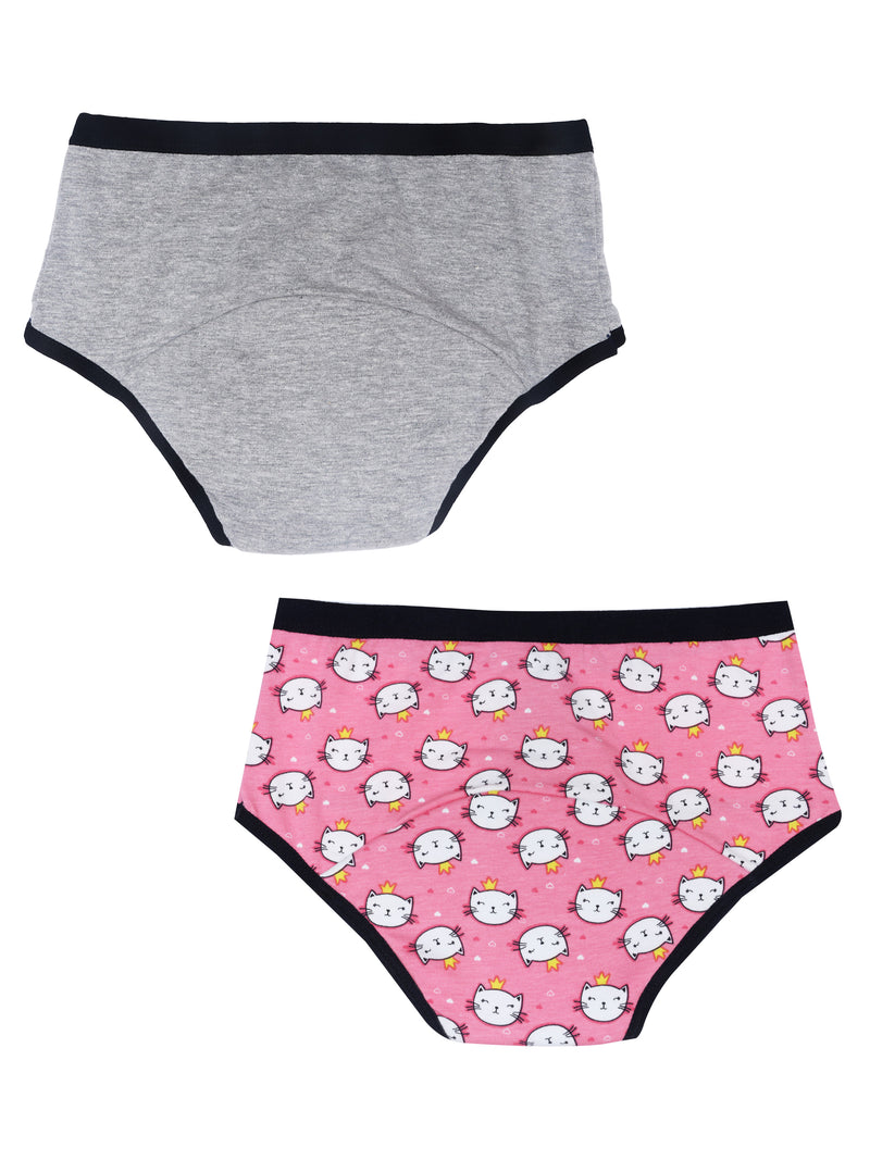 D'chica Pack of 2  Eco-friendly o-Friendly Anti Microbial Lining Period Panties For Teenagers Maroon, No Pad Required, Grey & Kitty Print