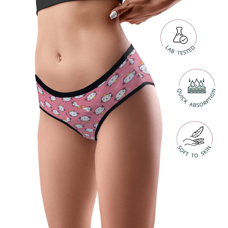 D'chica Kitty Print Eco-Friendly Anti Microbial Lining Period Panties For Girls Pink With Black Lining, No Pad Required - D'chica