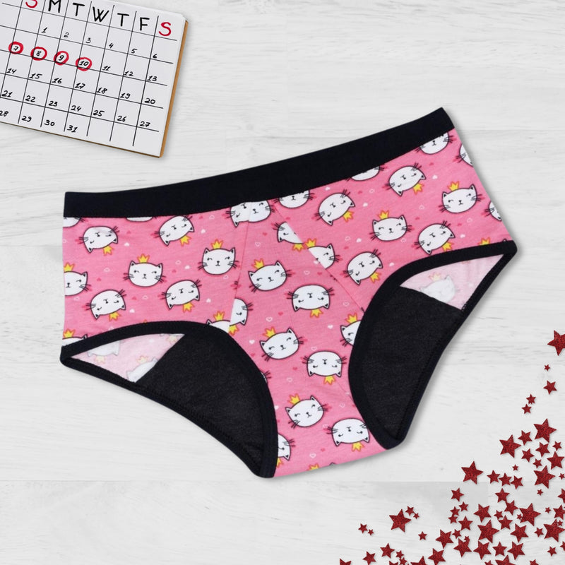 D'chica Kitty Print Eco-Friendly Anti Microbial Lining Period Panties For Girls Pink With Black Lining, No Pad Required
