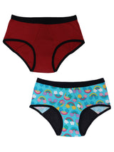 D'chica Pack of 2  Eco-friendly Anti Microbial Lining Period Panties For Teenagers Maroon & Rainbow Print, PFOS PFAS Free