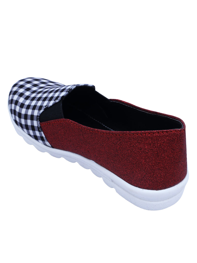 D'chica Checks & Red Slip On Shoes For Girls - D'chica