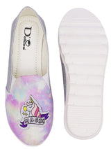 D'chica Lavender Tie & Dye Slip On Shoes For Girls With Unicorn Applique