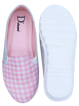 D'chica Checks Print & Pink Glitter Slip On Shoes For Girls