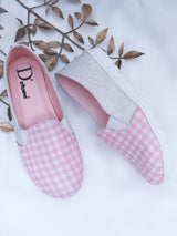 D'chica Checks Print & Pink Glitter Slip On Shoes For Girls - D'chica