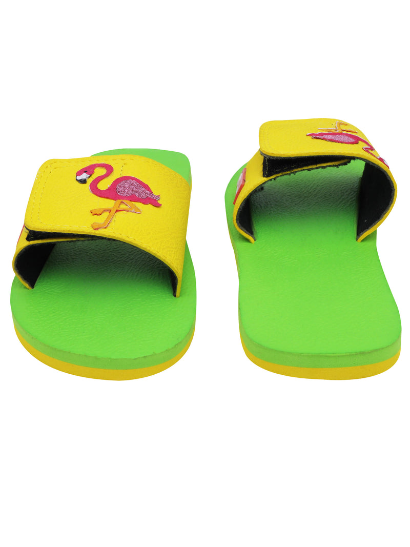 D'chica Flamingo Applique Slippers  Yellow & Green