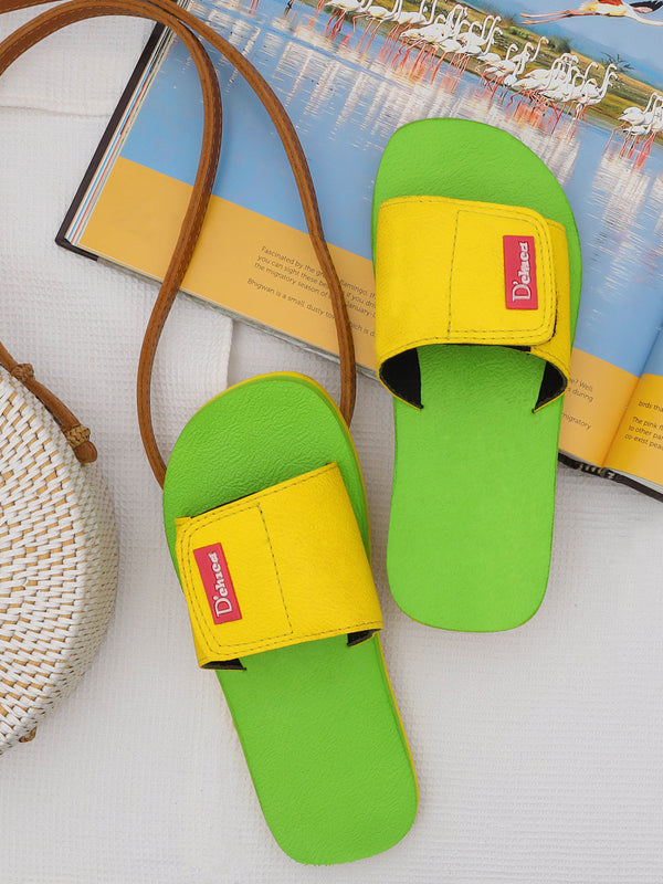 D'chica Slippers Sliders For Kids Yellow & Green - Monsoon Sale