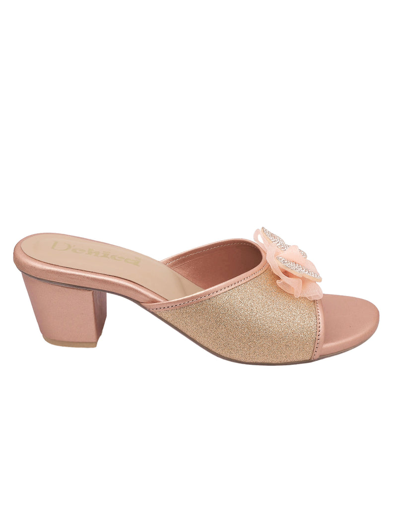 D'chica Peach & gold block heels sandals for girls - D'chica